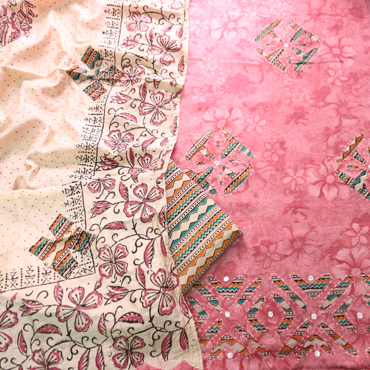 Bulbul Mauve Blush Kalamkari Applique Work Jam Satin Cotton Set