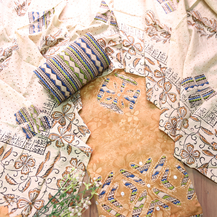 Bulbul Peanut Beige Kalamkari Applique Work Jam Satin Cotton Set