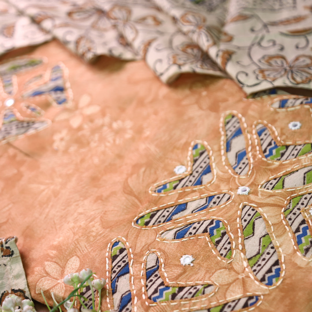 Bulbul Peanut Beige Kalamkari Applique Work Jam Satin Cotton Set
