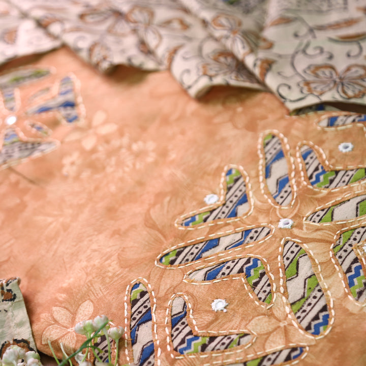 Bulbul Peanut Beige Kalamkari Applique Work Jam Satin Cotton Set