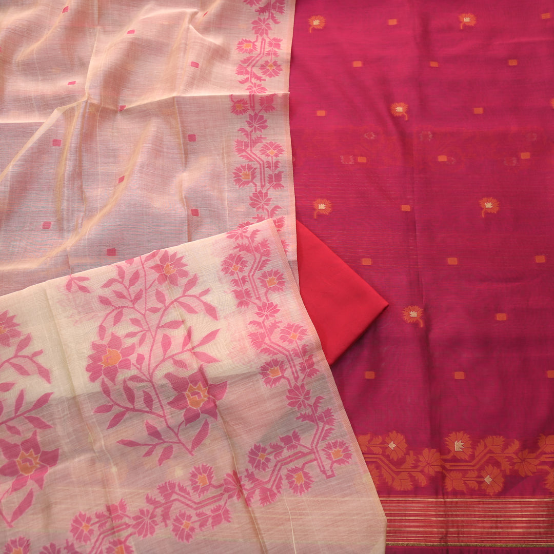 Surya Bright Pink Floral Authentic Jamdani Weaved Suit Set