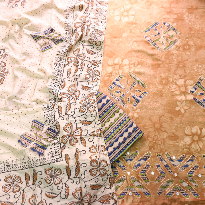 Bulbul Peanut Beige Kalamkari Applique Work Jam Satin Cotton Set
