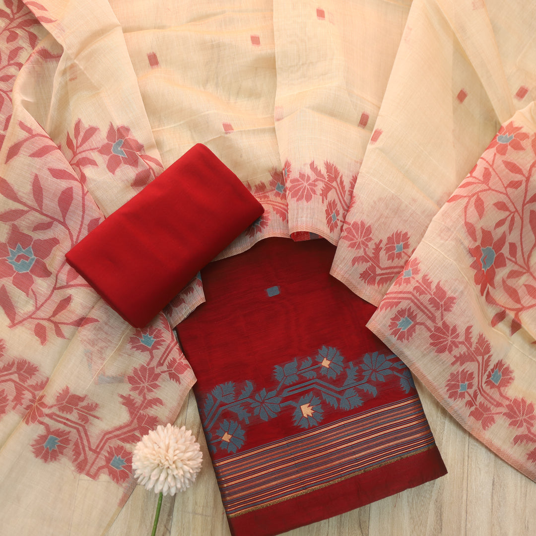 Surya Bride Red Floral Authentic Jamdani Weaved Suit Set