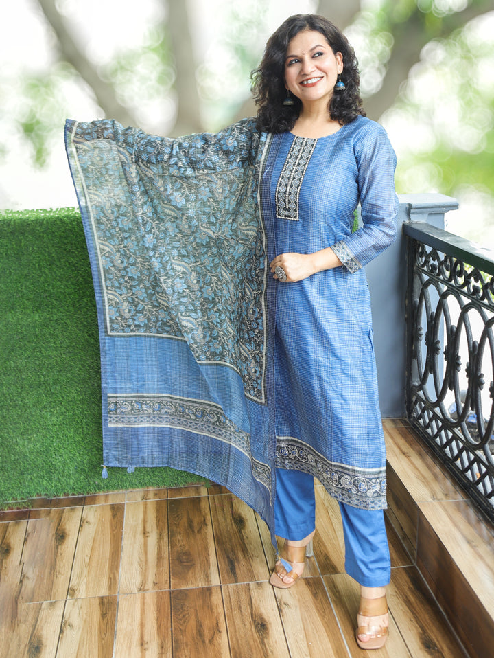 Sushma Blue Mirror Work Patch Raw Silk 3 Piece Set