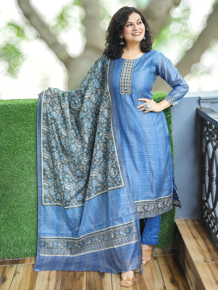 Sushma Blue Mirror Work Patch Raw Silk 3 Piece Set