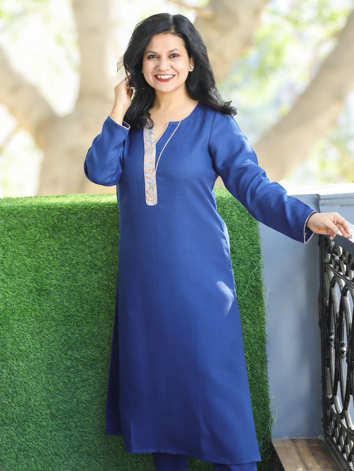 Saanchi Blue Round Neck Patch with Piping Semi Pashmina Winter 2 Piece Set