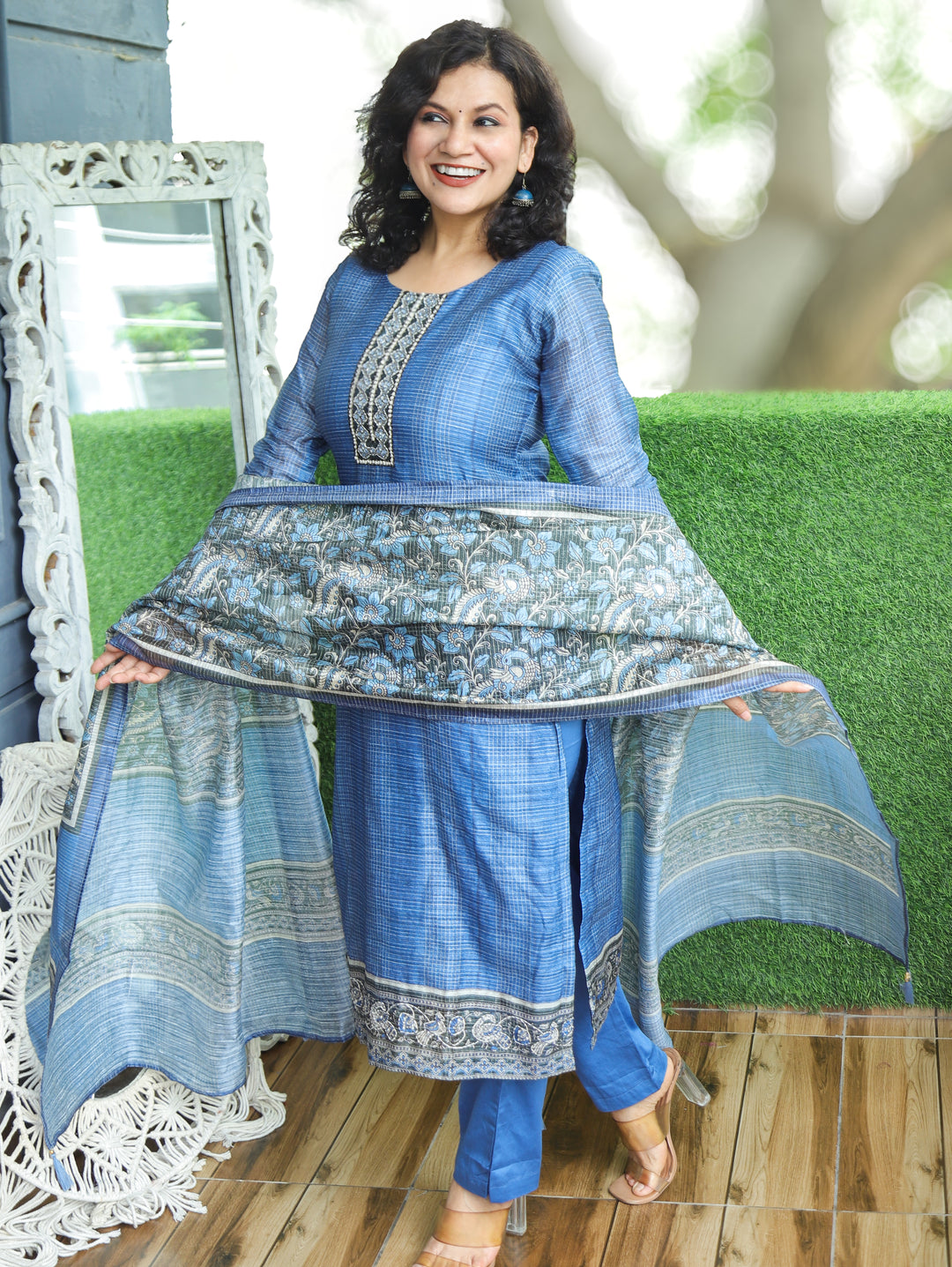 Sushma Blue Mirror Work Patch Raw Silk 3 Piece Set