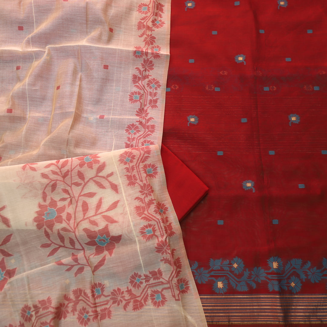 Surya Bride Red Floral Authentic Jamdani Weaved Suit Set