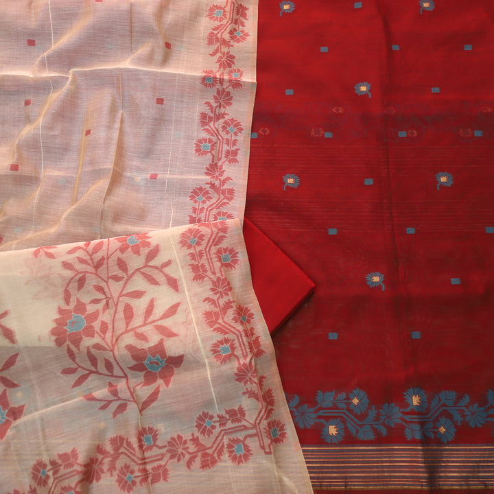 Surya Bride Red Floral Authentic Jamdani Weaved Suit Set