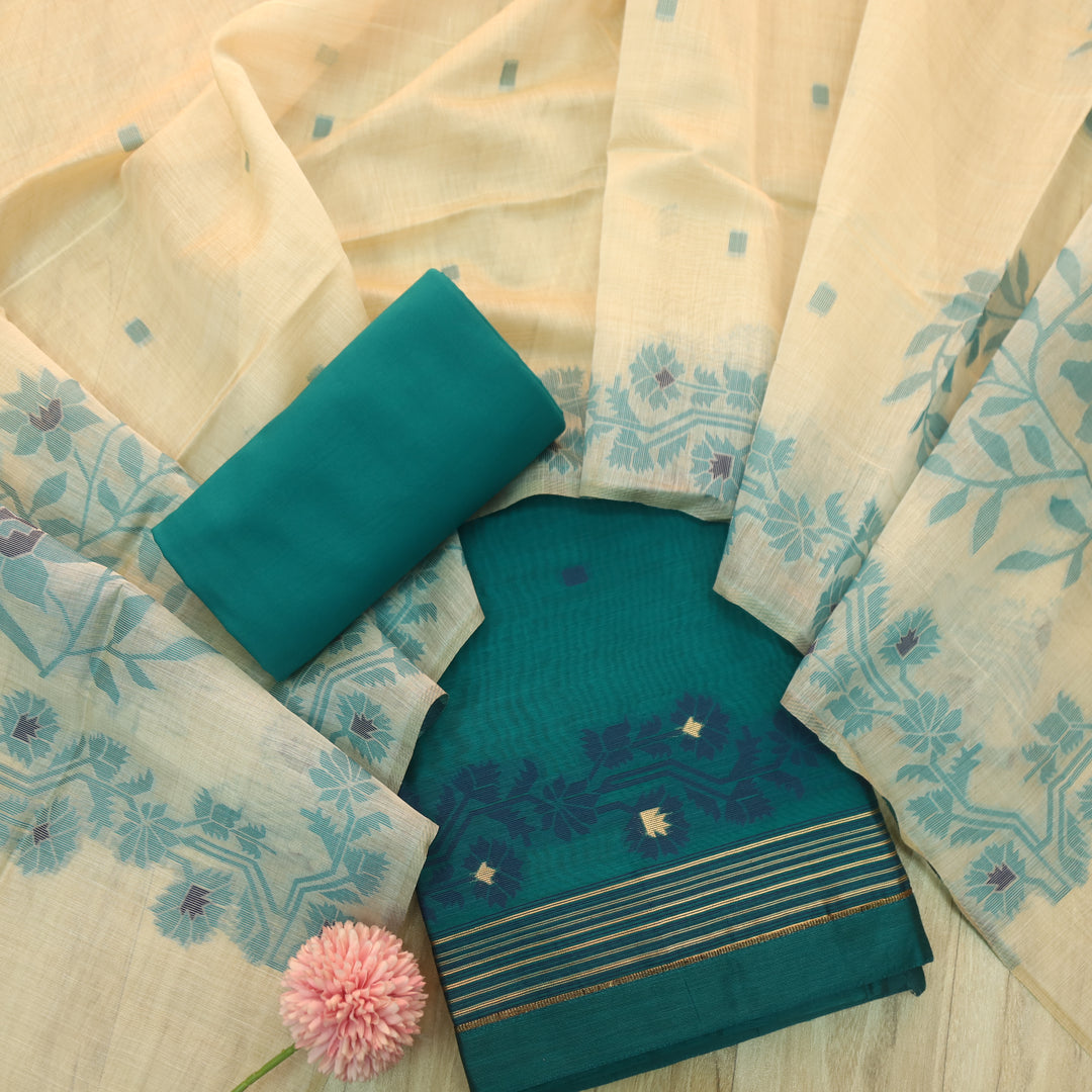 Surya Sapphire Blue Floral Authentic Jamdani Weaved Suit Set