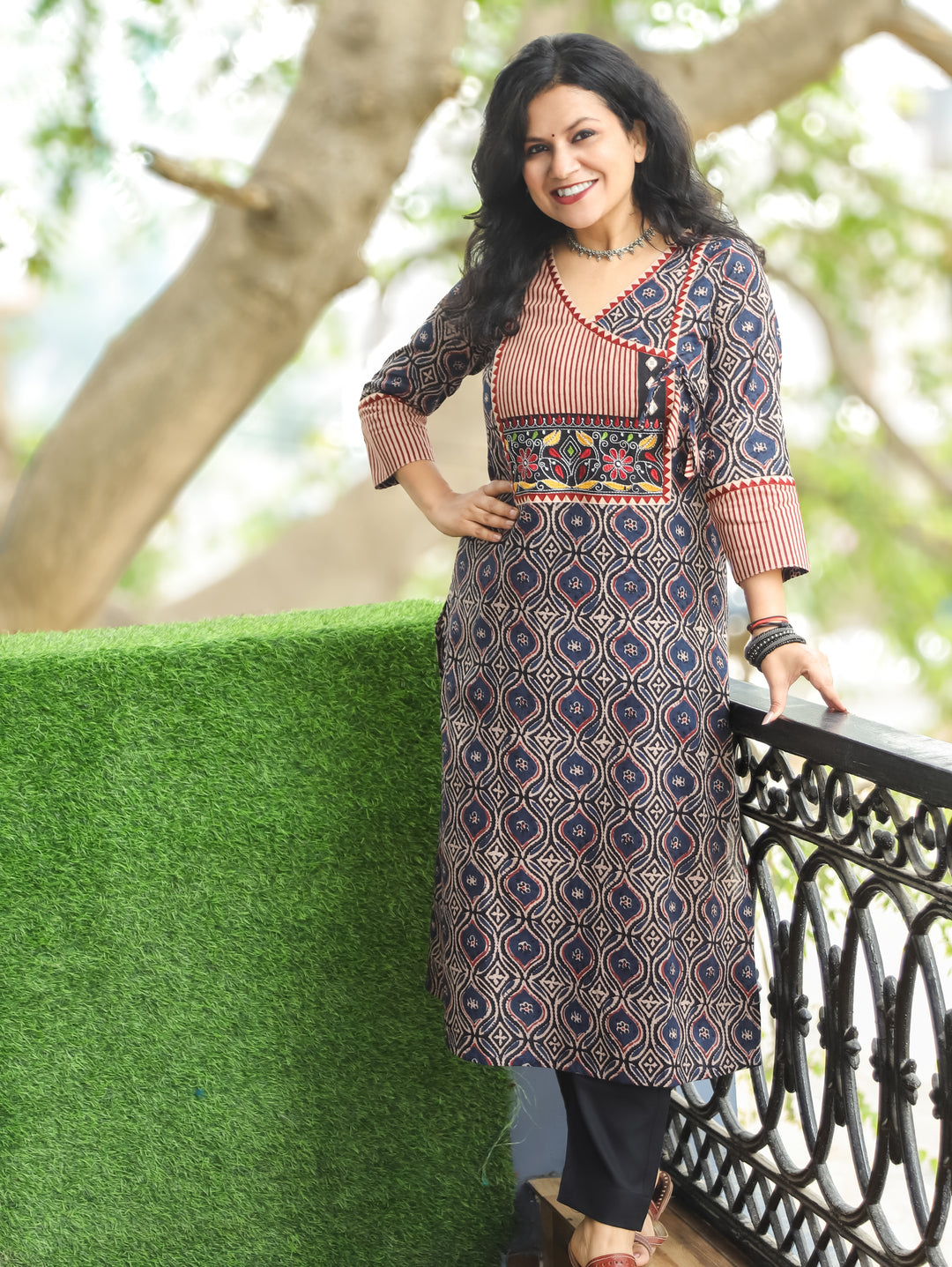 Ridhima Denim Blue Embroidery Angrakha Yoke with Knot Ajrak Print Cotton Kurti