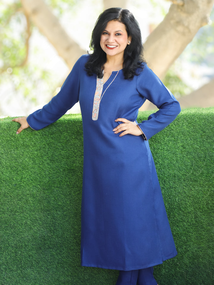 Saanchi Blue Round Neck Patch with Piping Semi Pashmina Winter 2 Piece Set