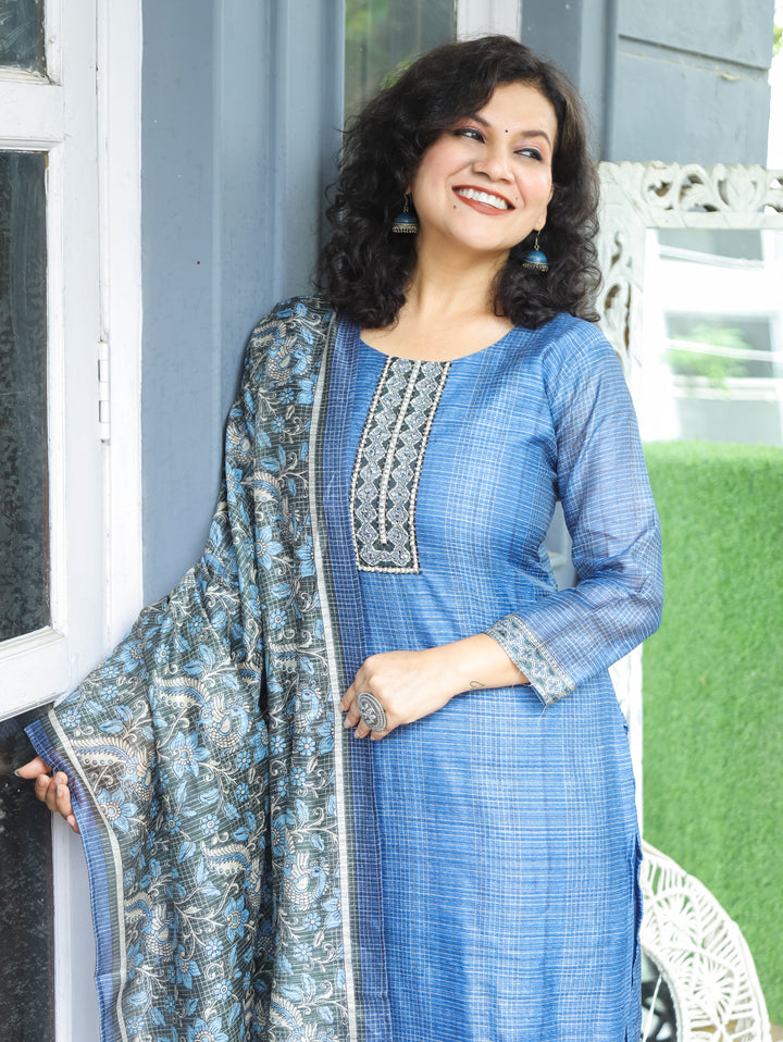 Sushma Blue Mirror Work Patch Raw Silk 3 Piece Set