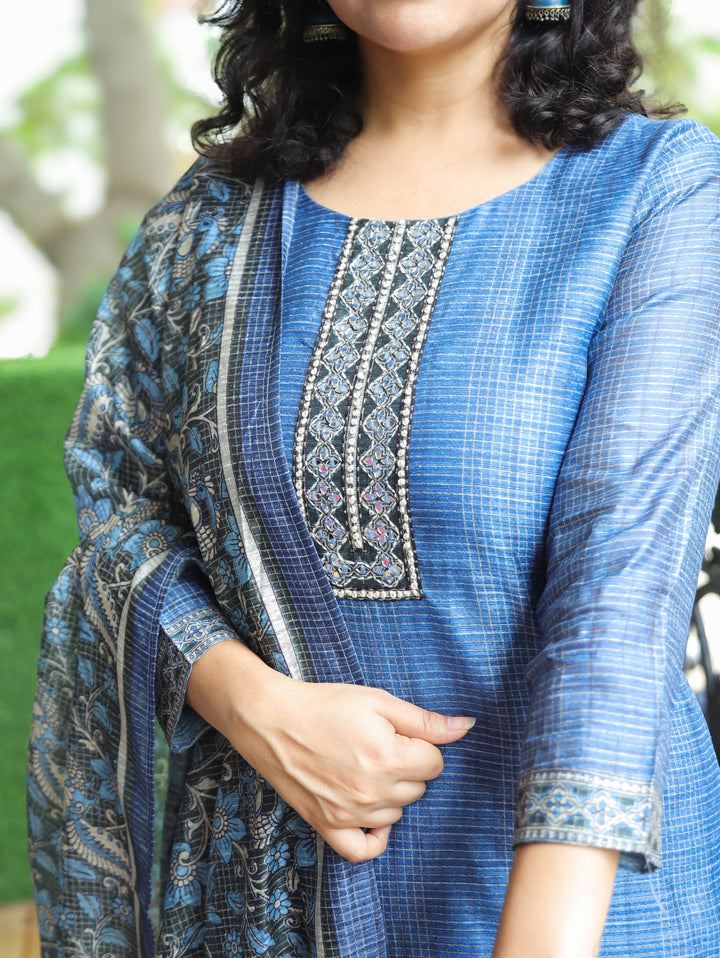 Sushma Blue Mirror Work Patch Raw Silk 3 Piece Set