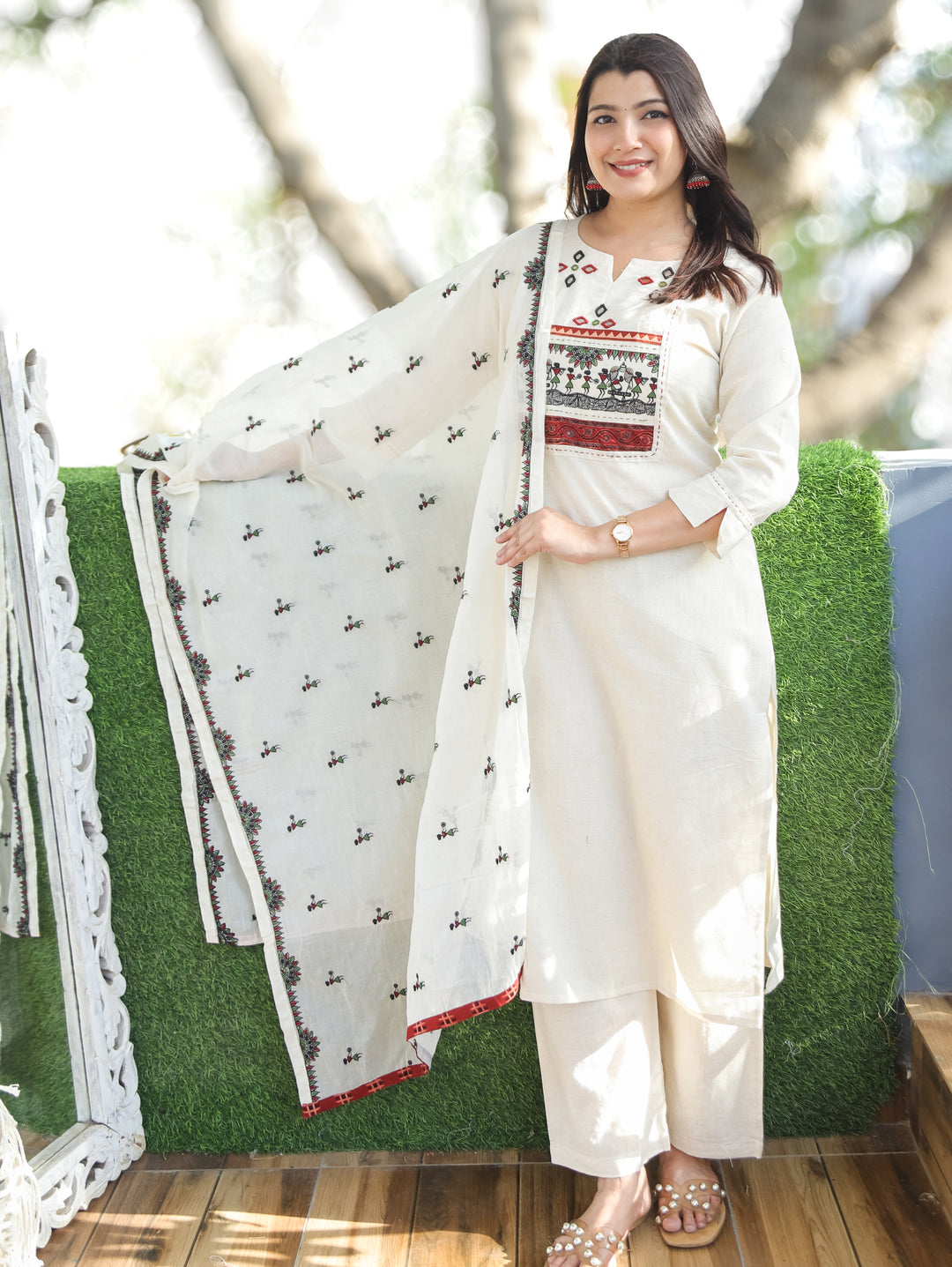 Nancy White Warli Embroidered 3 Piece Set