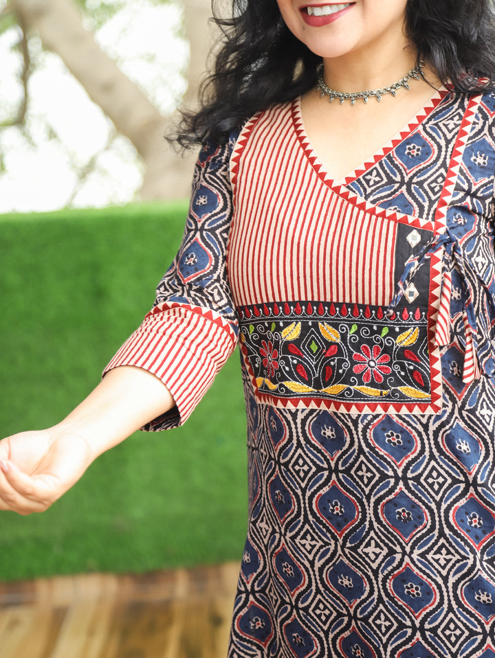 Ridhima Denim Blue Embroidery Angrakha Yoke with Knot Ajrak Print Cotton Kurti