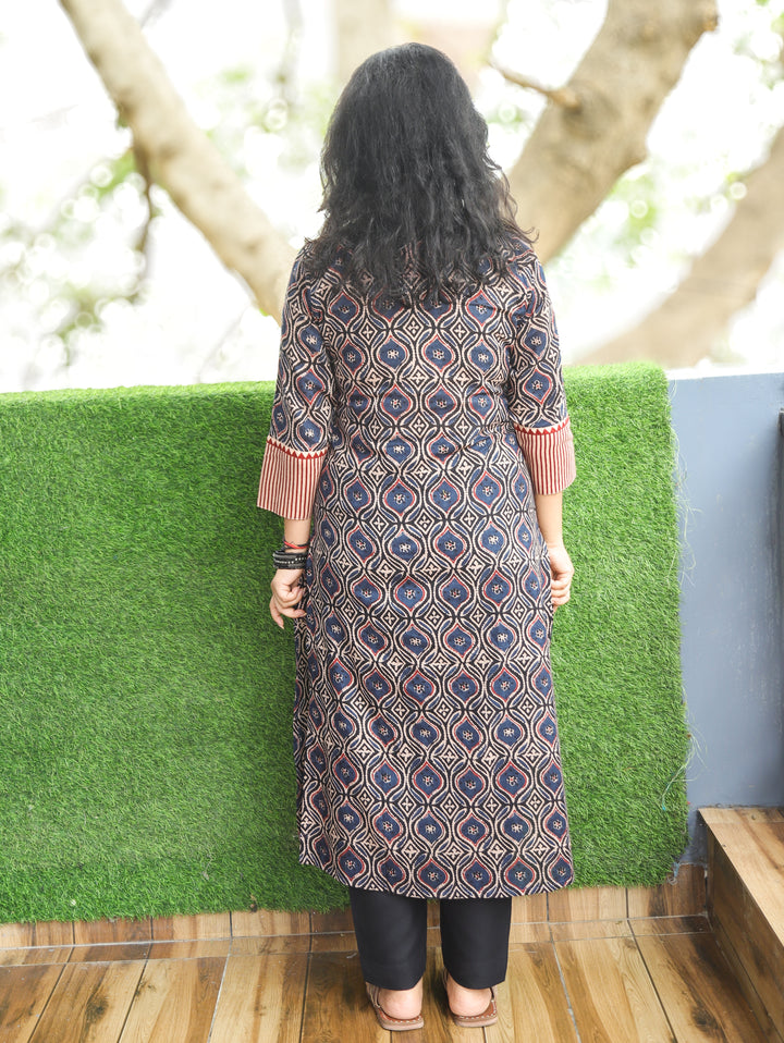 Ridhima Denim Blue Embroidery Angrakha Yoke with Knot Ajrak Print Cotton Kurti