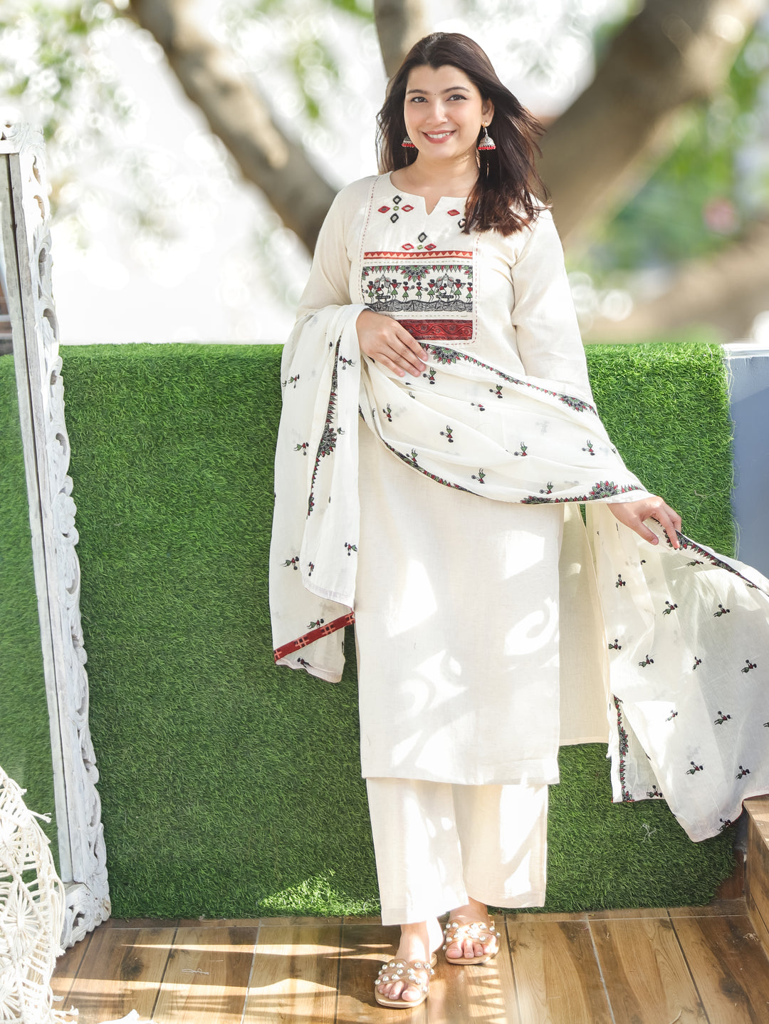 Nancy White Warli Embroidered 3 Piece Set