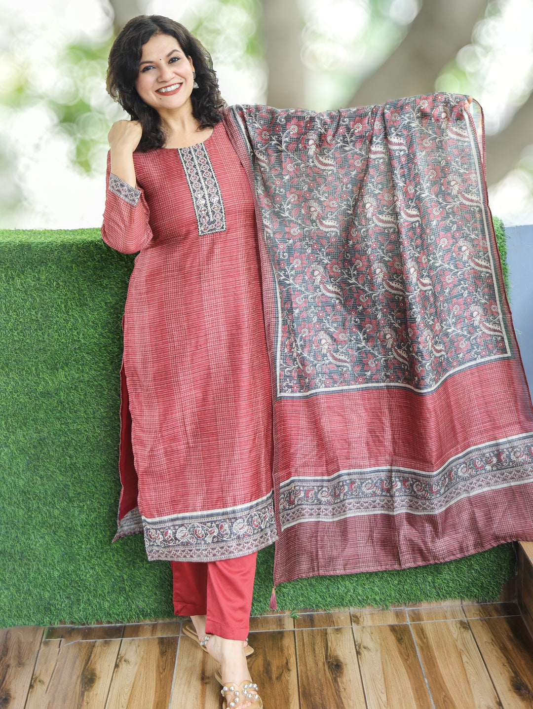 Sushma Barn Red Mirror Work Patch Raw Silk 3 Piece Set