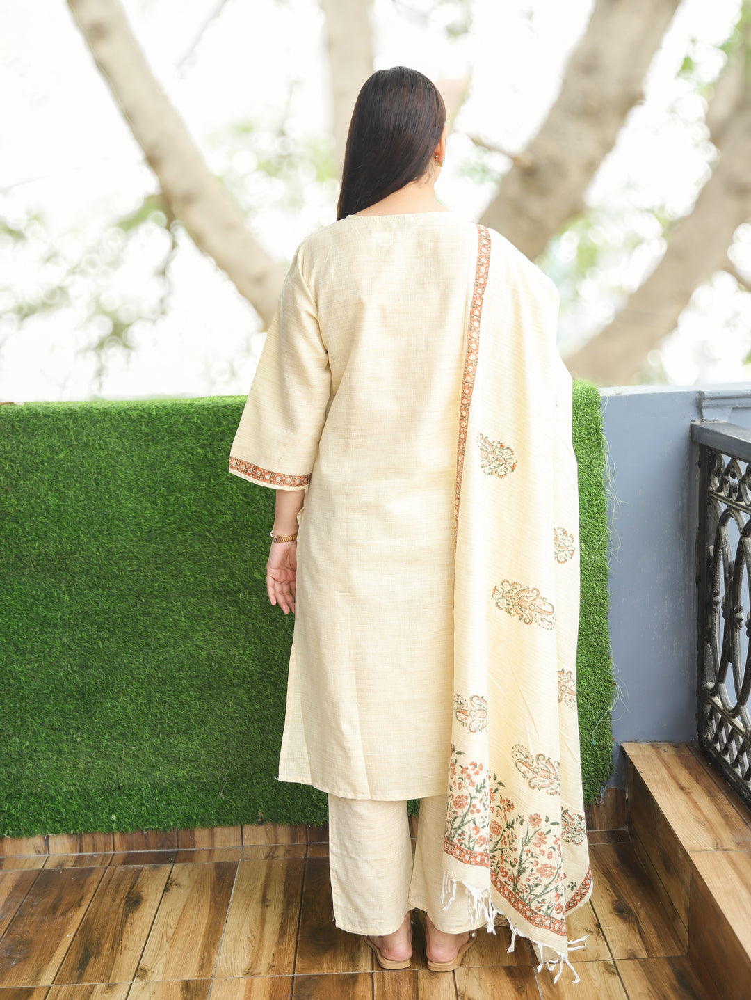 Madhurima Sand Beige Block Print with Panel Style Cotton Linen 3 Piece Set