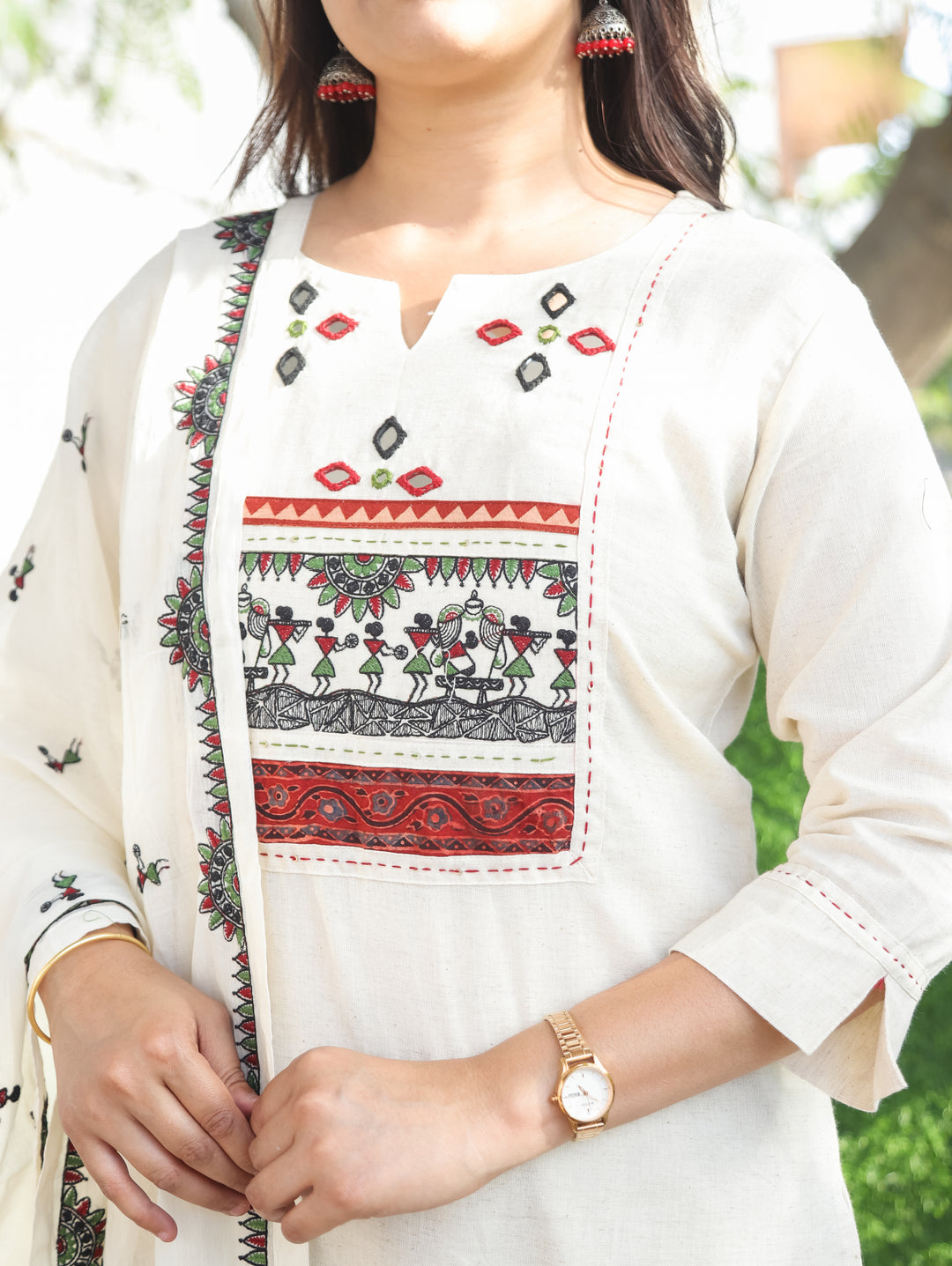 Nancy White Warli Embroidered 3 Piece Set