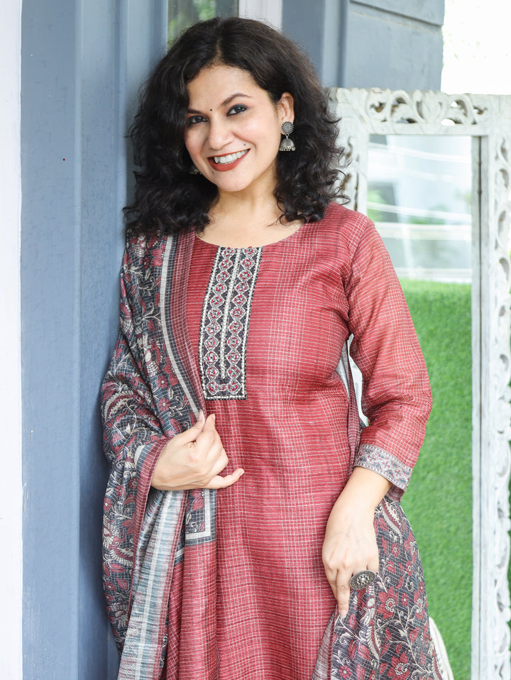 Sushma Barn Red Mirror Work Patch Raw Silk 3 Piece Set