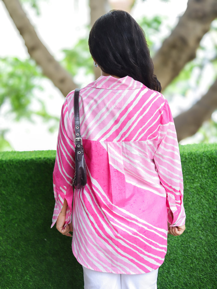 Bandhan Candy Pink Leheriya Print Wood Button Cotton Shirt