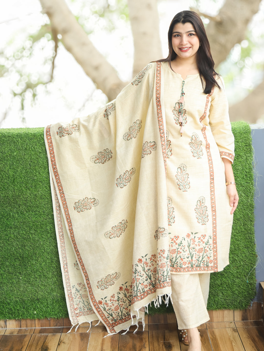 Madhurima Sand Beige Block Print with Panel Style Cotton Linen 3 Piece Set