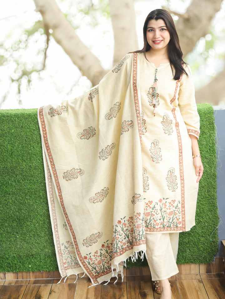 Madhurima Sand Beige Block Print with Panel Style Cotton Linen 3 Piece Set