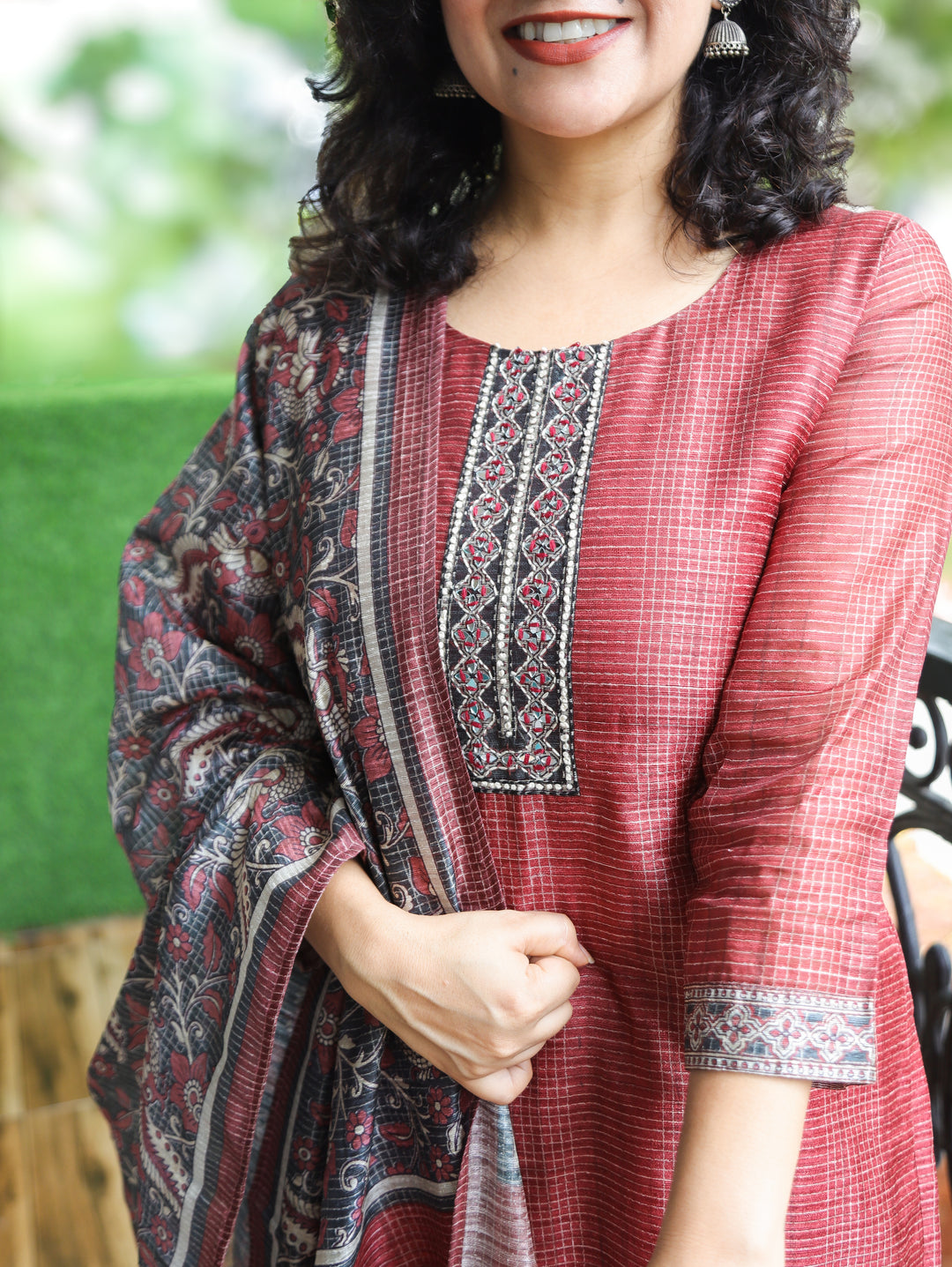 Sushma Barn Red Mirror Work Patch Raw Silk 3 Piece Set