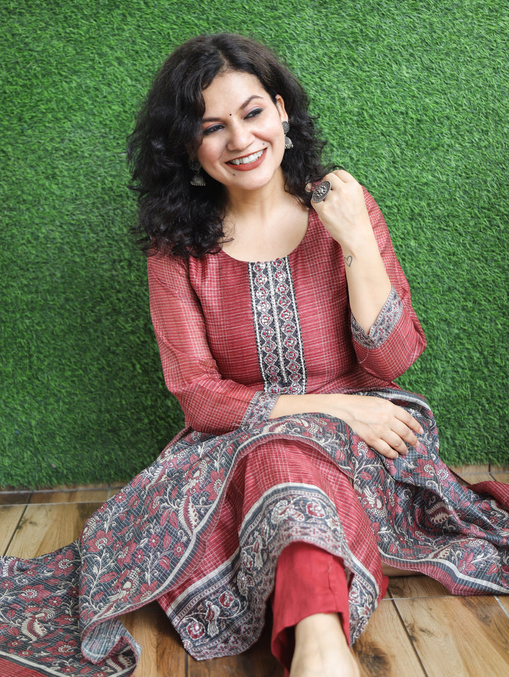 Sushma Barn Red Mirror Work Patch Raw Silk 3 Piece Set