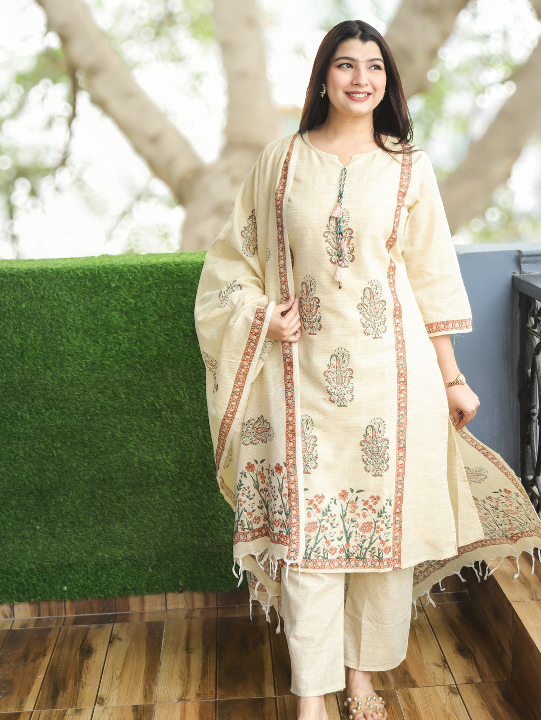 Madhurima Sand Beige Block Print with Panel Style Cotton Linen 3 Piece Set