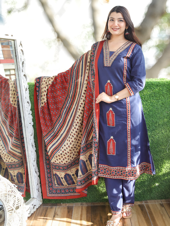 Nancy Navy Blue Mughal Cotton 3 Piece Set