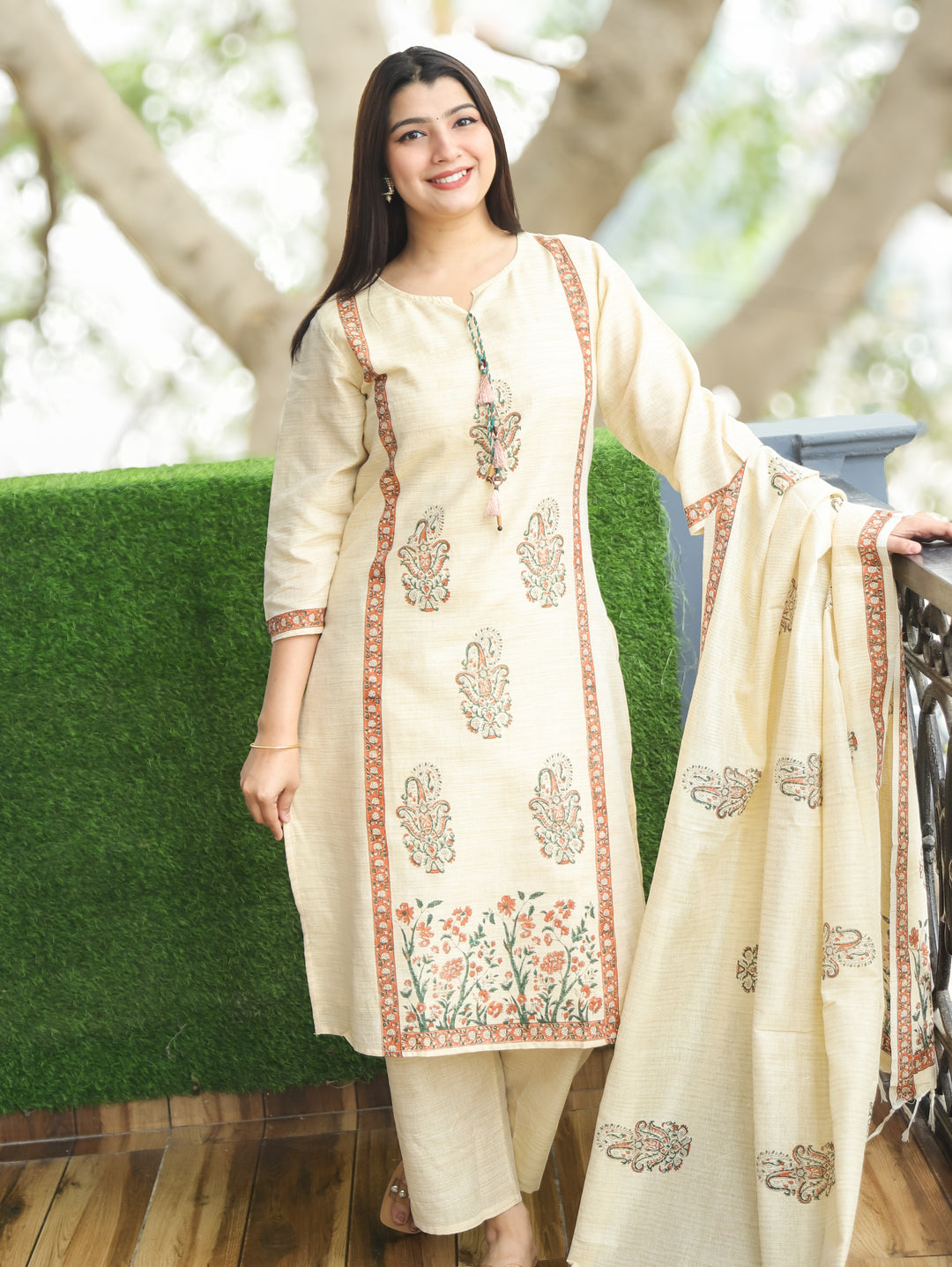 Madhurima Sand Beige Block Print with Panel Style Cotton Linen 3 Piece Set