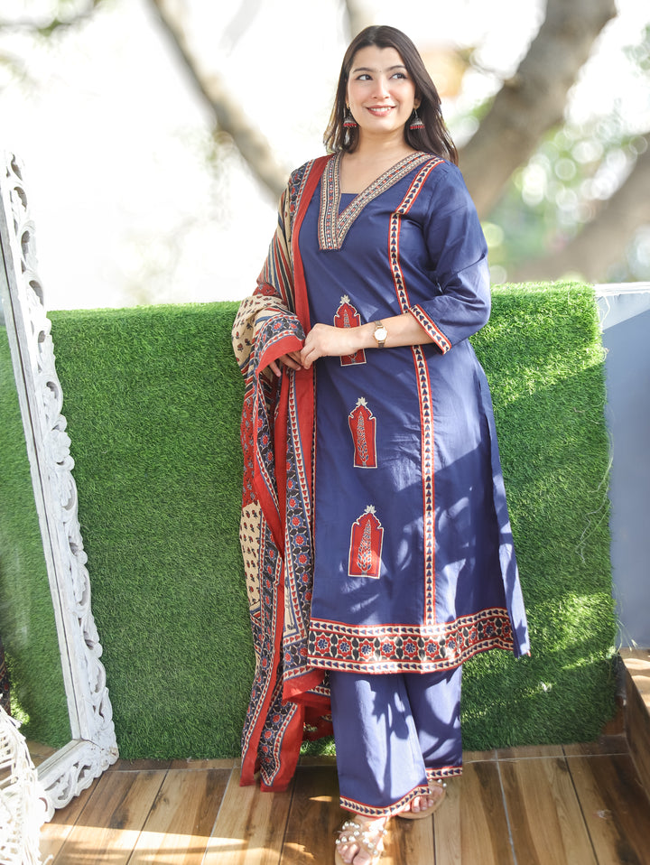 Nancy Navy Blue Mughal Cotton 3 Piece Set