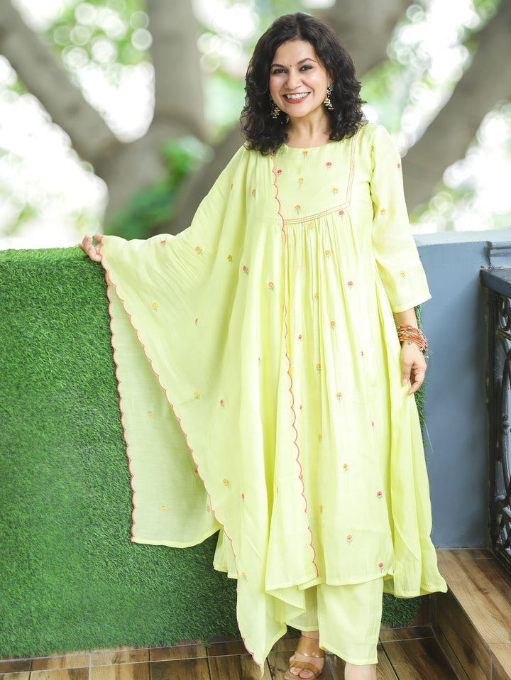 Malika Pista Yellow Embroidered Mul Chanderi Set