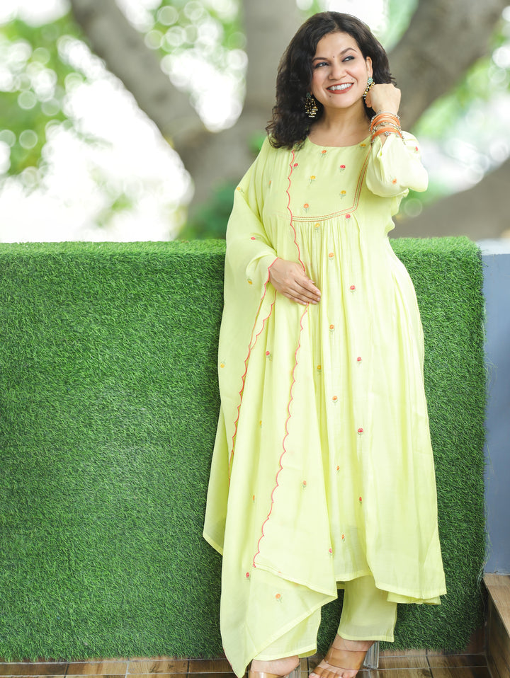 Malika Pista Yellow Embroidered Mul Chanderi Set