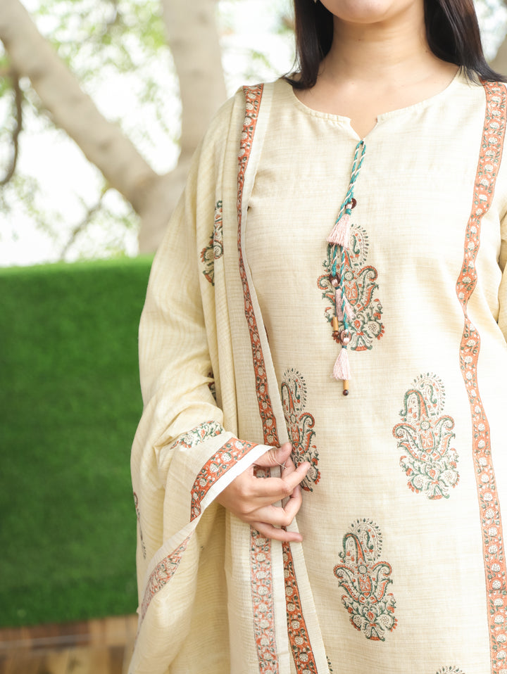 Madhurima Sand Beige Block Print with Panel Style Cotton Linen 3 Piece Set