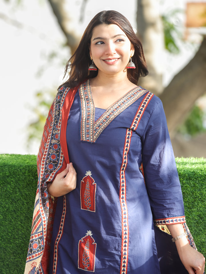 Nancy Navy Blue Mughal Cotton 3 Piece Set