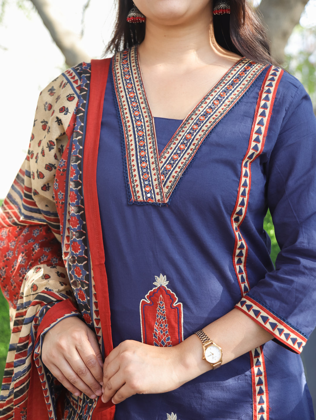 Nancy Navy Blue Mughal Cotton 3 Piece Set