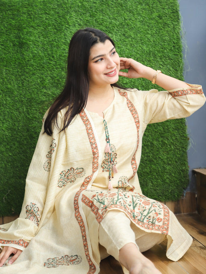 Madhurima Sand Beige Block Print with Panel Style Cotton Linen 3 Piece Set