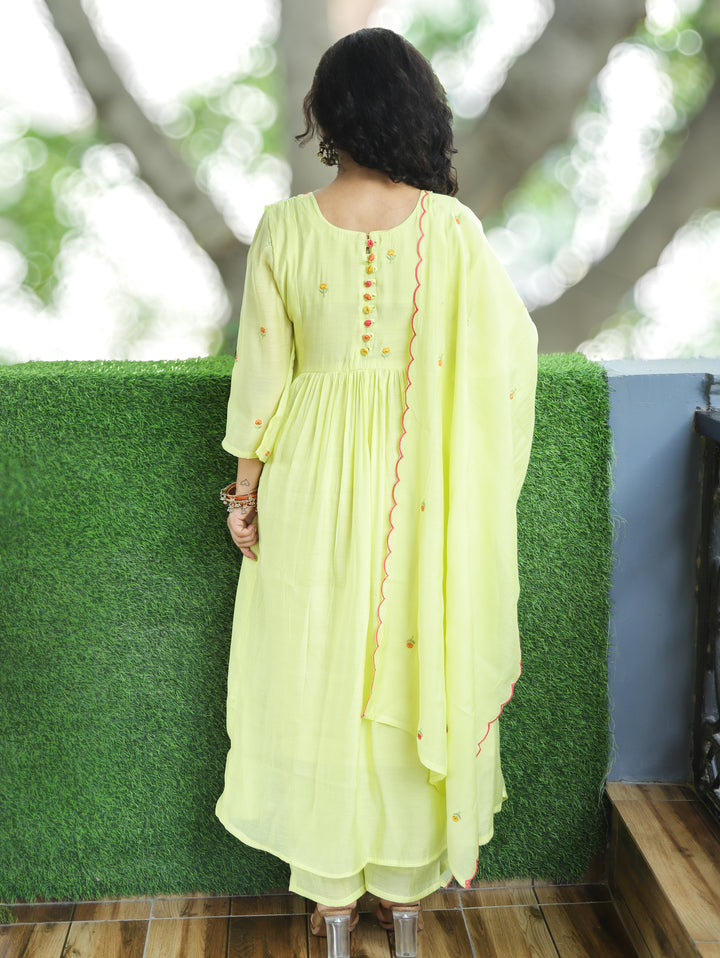 Malika Pista Yellow Embroidered Mul Chanderi Set