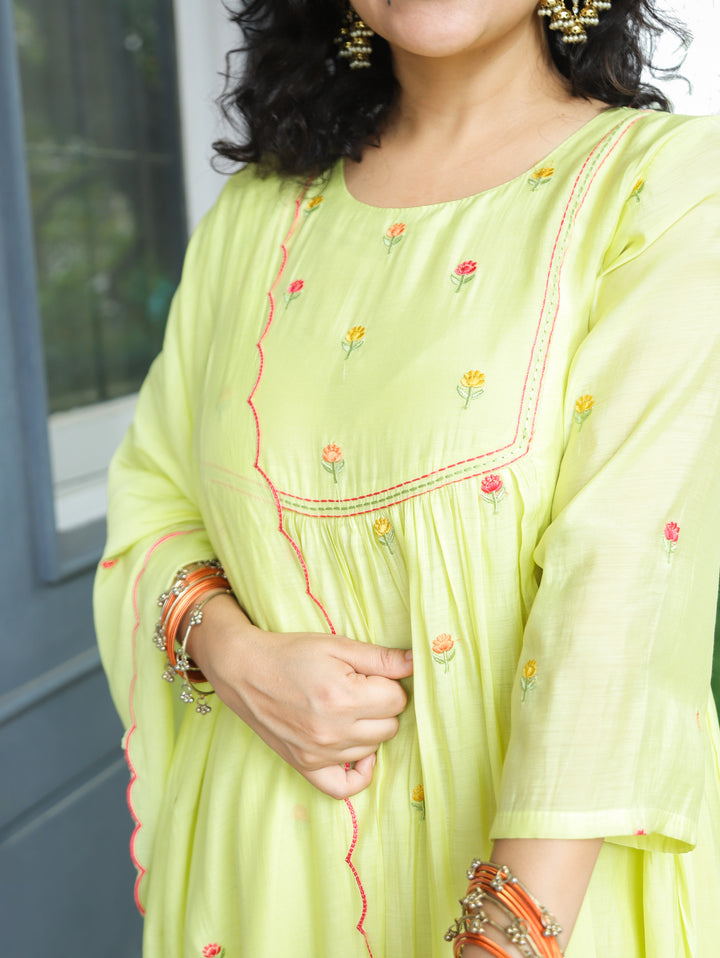 Malika Pista Yellow Embroidered Mul Chanderi Set