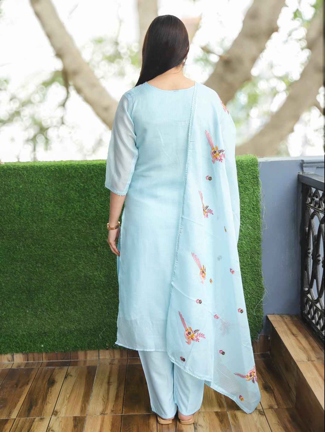 Madhavi Powder Blue All Over Embroidered Work with V Neck Kota Doriya 3 Piece Set
