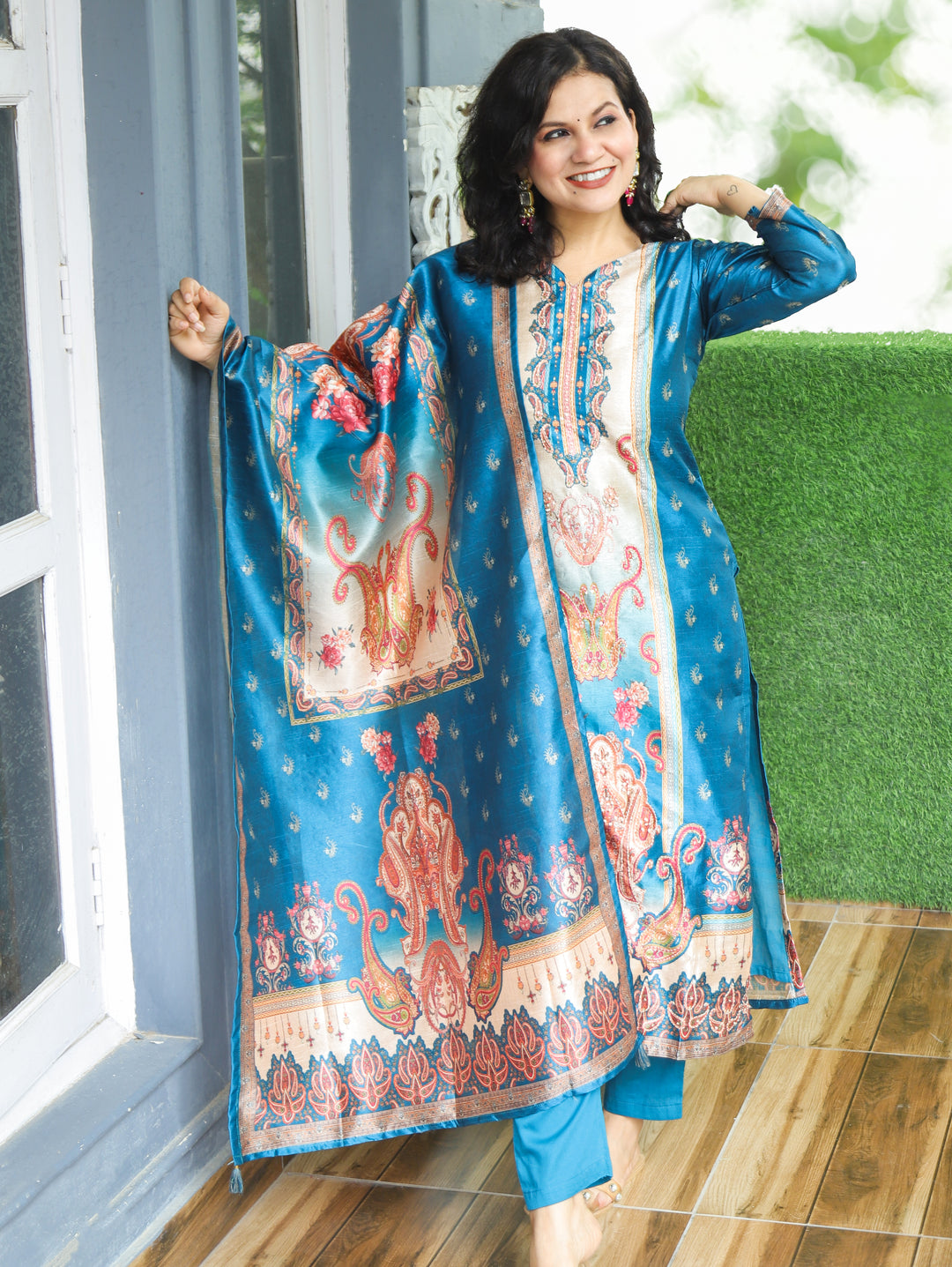 Geet Royal Blue Paisley Panel Printed Raw Silk 3 Piece Set