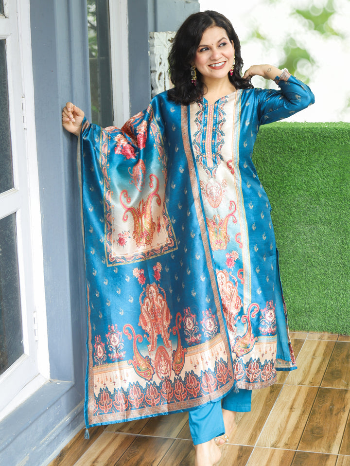Geet Royal Blue Paisley Panel Printed Raw Silk 3 Piece Set
