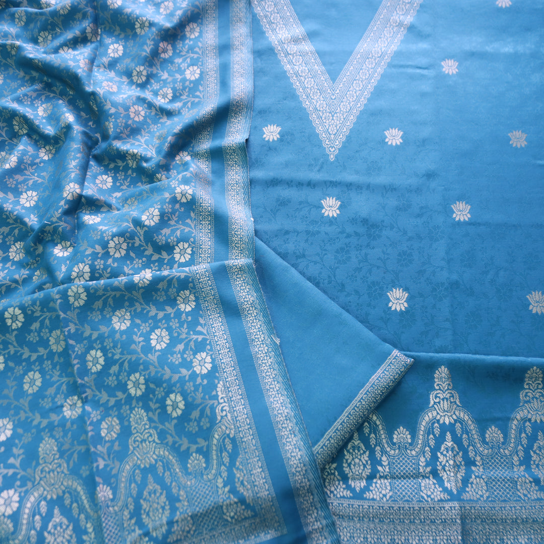 अदिति Cerulean Blue V Neck All Over Zari Weaved in Semi Pashmina Winter Suit Set