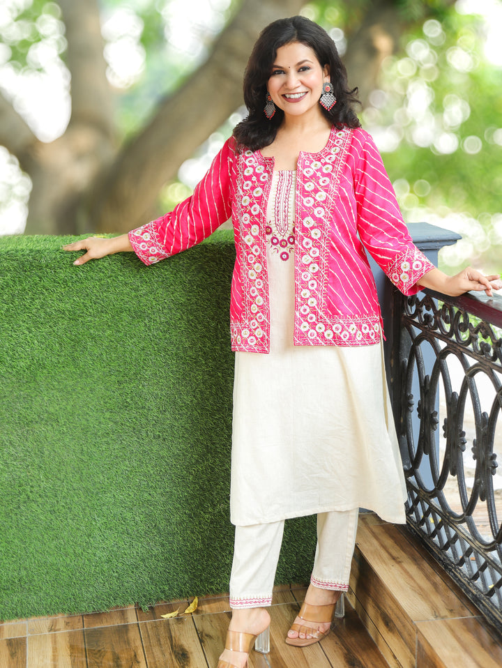Meher Beige with Pink Leheriya Print Cotton Jacket Set