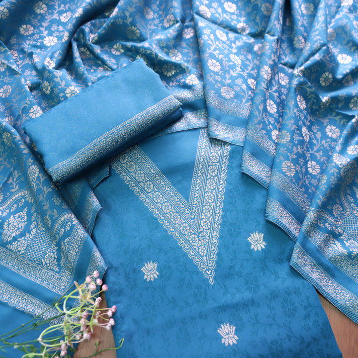 अदिति Cerulean Blue V Neck All Over Zari Weaved in Semi Pashmina Winter Suit Set