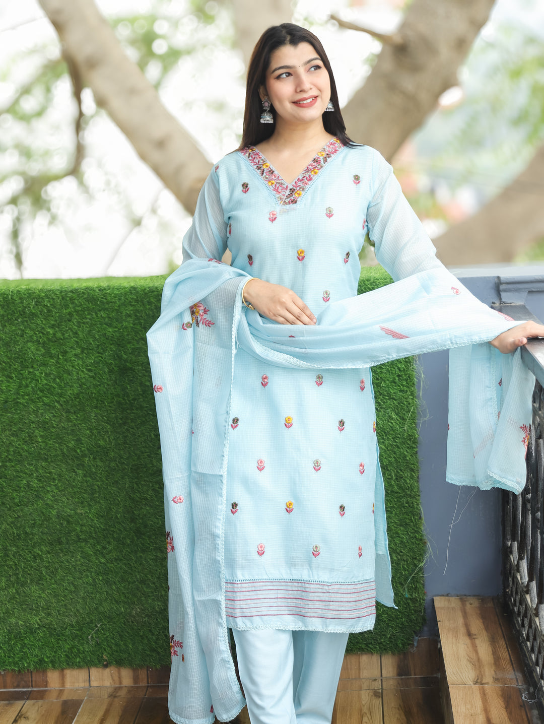 Madhavi Powder Blue All Over Embroidered Work with V Neck Kota Doriya 3 Piece Set
